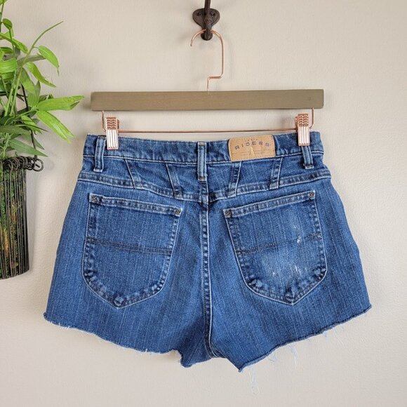 Vintage Riders Cutoff Frayed Dark Wash High Rise 5 Pocket Denim Jean Shorts 2 - Picture 1 of 11